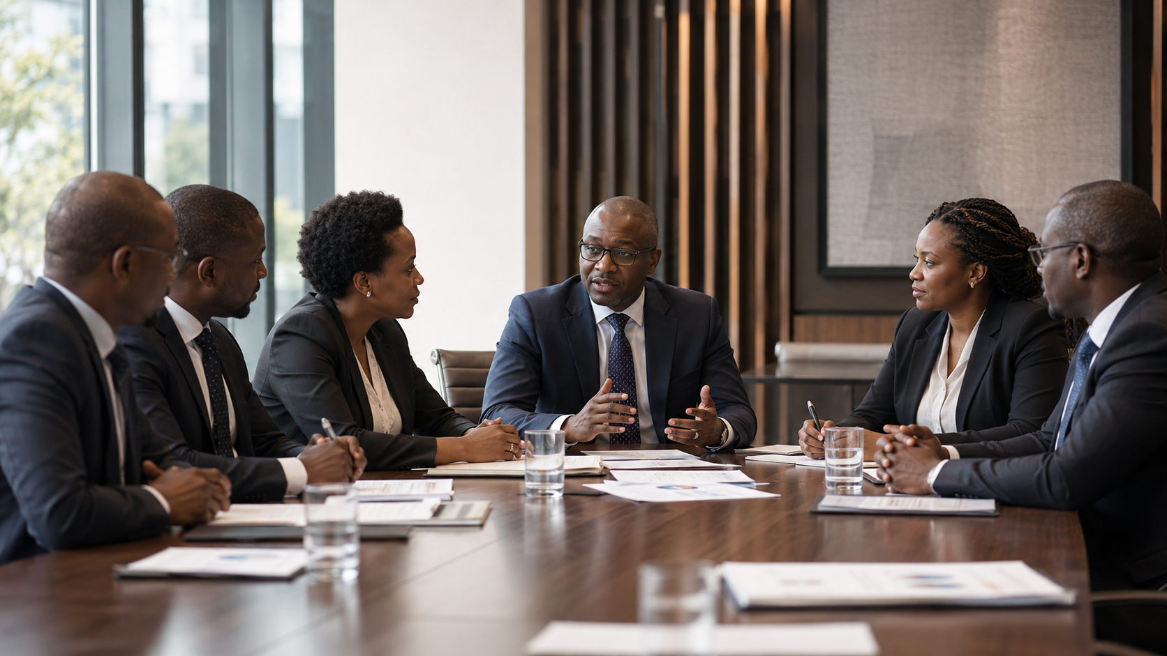 Leadership team in a strategy discussion around a boardroom table
