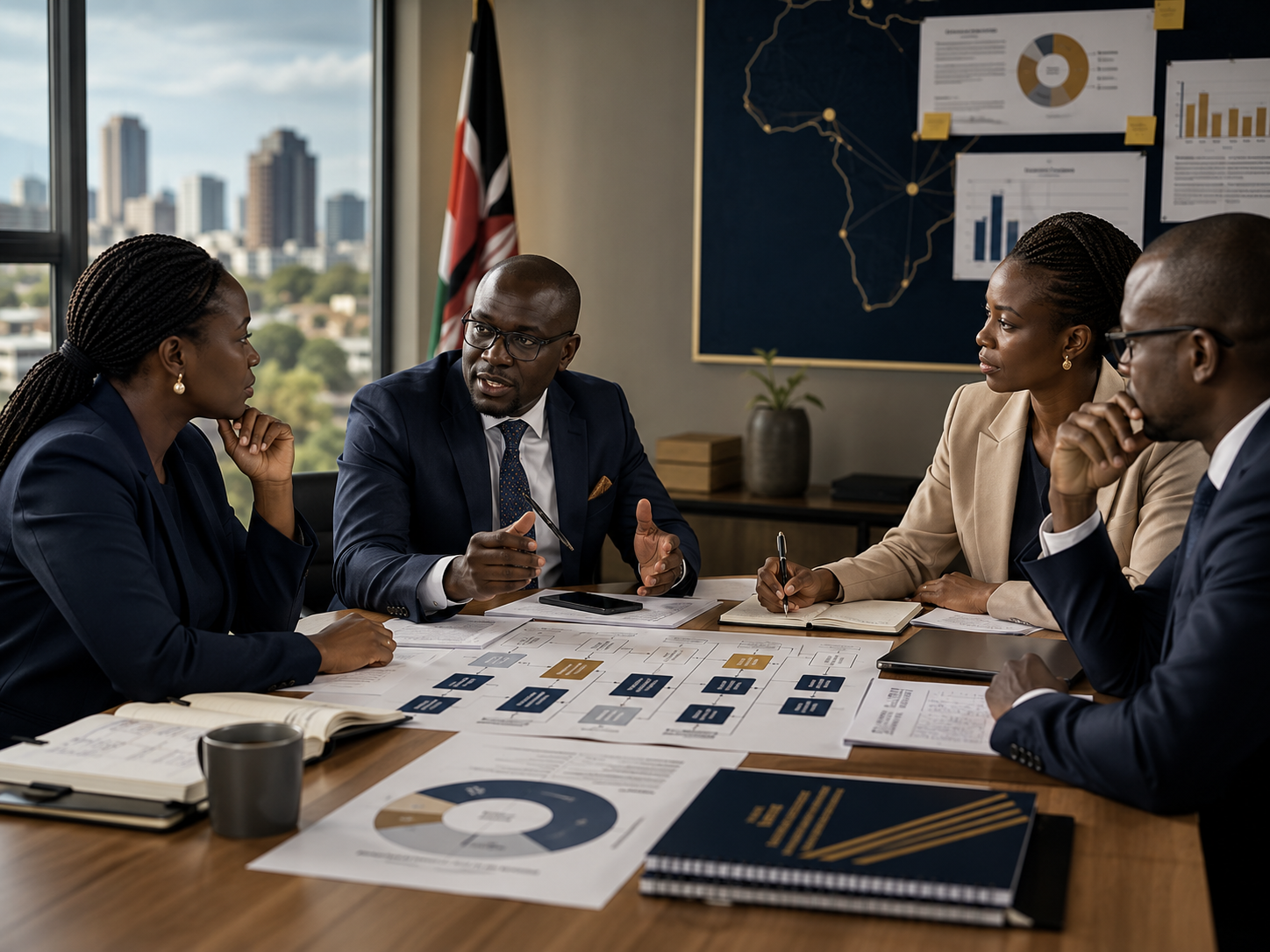 Policy documents and institutional framework notes on a boardroom table